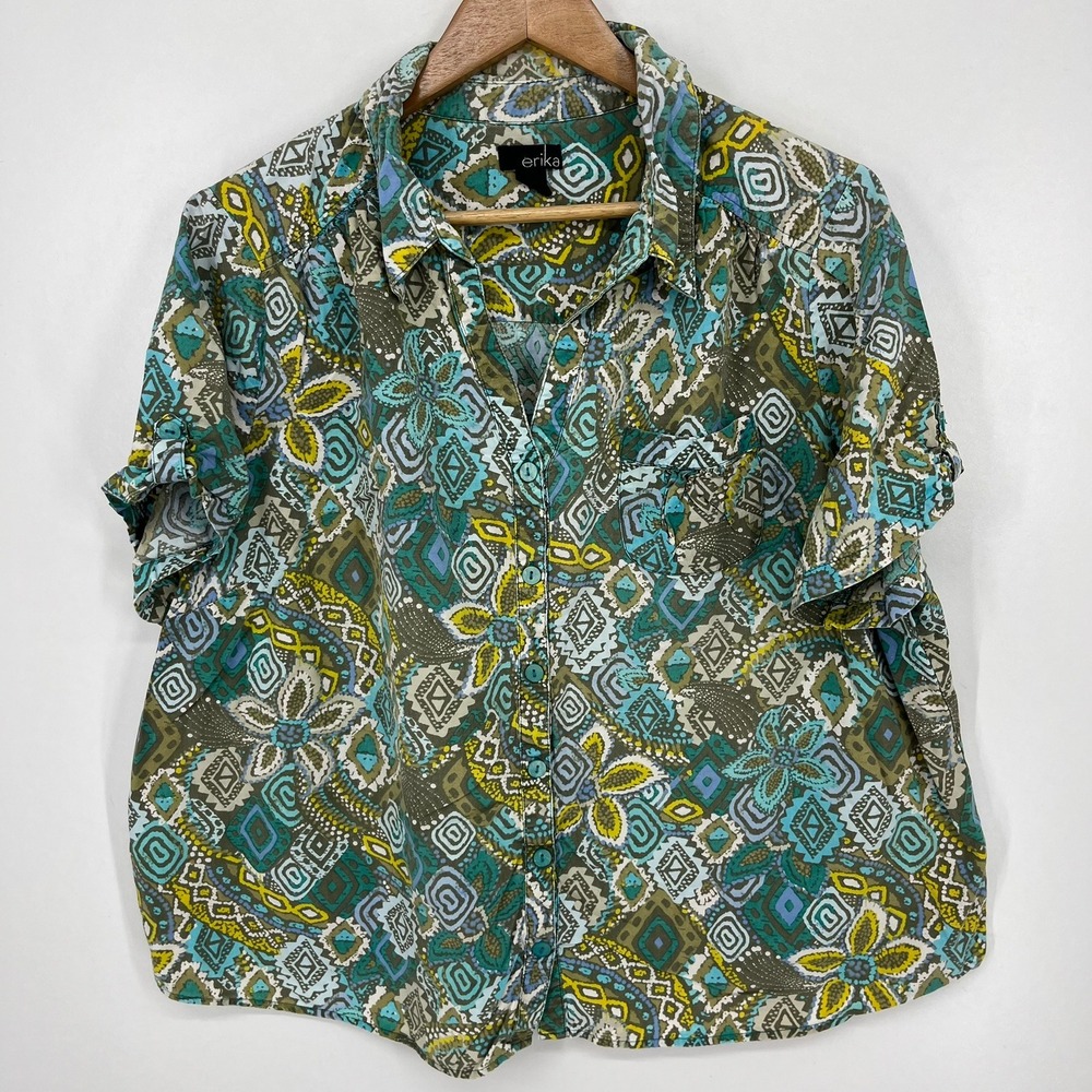 Erika Womens 2X Short Sleeve Button Down Shirt Teal Olive Geometric Paisley